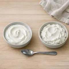 Due ciotole di yogurt greco, una liscia e una più granulosa, pronte per essere gustate. Ottimi yogurt greco valori nutrizionali per una colazione sana.