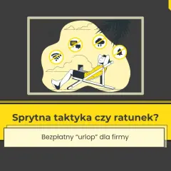 Człowiek na leżaku z laptopem, otoczony ikonami symbolizującymi zawieszenie działalności: brak Wi-Fi, wiadomości, deszczu i dzwonka.