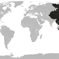 Mapa świata z zaznaczonymi krajami dalekiego wschodu, obejmującymi Chiny, Koreę, Japonię i część Azji Południowo-Wschodniej.