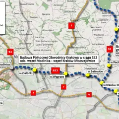 Mapa przedstawia budowę północnej obwodnicy Krakowa w ciągu S52 oraz drogi S7.