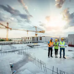 Trzech inżynierów na budowie dyskutuje o harmonogramie. Czy pozwolenie na budowę 65 dni roboczych czy kalendarzowych?