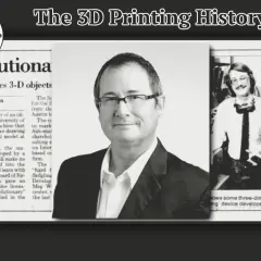 Portret mężczyzny w okularach i marynarce obok artykułu o druku 3D i zdjęcia dwóch mężczyzn.
