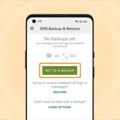 Aplikacja SMS Backup & Restore pokazuje brak kopii zapasowych. Kliknij "SET UP A BACKUP", aby zabezpieczyć swoje dane.