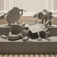 Kamienna tablica, aparat i pisuar w surrealistycznej scenie. Dzieło współcześni artyści polscy.