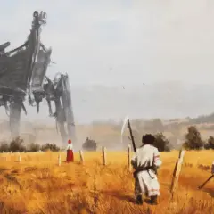 Surrealistyczny polski malarz ukazał mechanicznego kolosa nad polami, gdzie rolnicy z kosami patrzą w jego stronę.