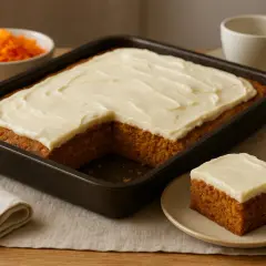 En saftig morotskaka i långpanna med krämig frosting. En bit är upplagd på en tallrik, redo att avnjutas.