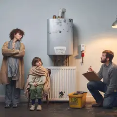 Un technicien évalue une vieille chaudière. Une mère et son enfant emmitouflés attendent, car le propriétaire ne veut pas changer la chaudière.