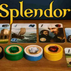 Gra Splendor: karty z budynkami, statkiem, ludźmi i klejnotami. Żetony czarne, zielone, niebieskie i żółte. W tle logo gry.