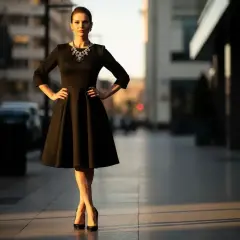 Elegancka kobieta w czarnej piusze i błyszczącej biżuterii stoi na chodniku.