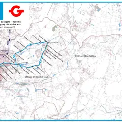 Mapa trasy linii 34 Grodzisk Maz. - Szczęsnesne - Radonie - Książenice - Opy. Trasa biegnie przez Milanówek, Grodzisk Mazowiecki, Książenice i Opy.