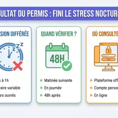 Quand résultat permis : diffusion différée, quand vérifier (48h), où consulter (plateforme officielle).