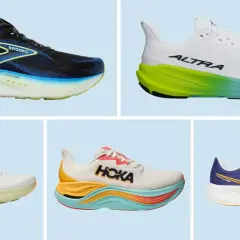 Fünf Laufschuhe in verschiedenen Farben und Marken. Ideal für Läufer mit Achillodynie, die Komfort und Dämpfung suchen.