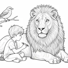 Un niño dibuja un león majestuoso y un pájaro en una rama. Estos dibujos realistas para colorear invitan a la imaginación.