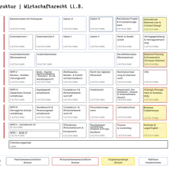 Strukturplan für ein Wirtschaftsrecht Studium mit Modulen wie International Business Law, Business Planning und Strategic Management.