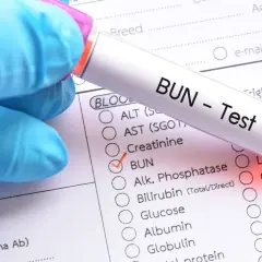 Rękawiczka w niebieskiej rękawiczce trzyma probówkę z napisem "BUN - Test". Zaznaczono opcję BUN, co oznacza badanie mocznika we krwi.