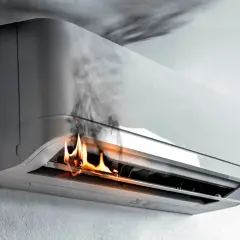 Climatiseur en feu, illustrant les effets néfastes de la climatisation. Fumée et flammes s'échappent de l'appareil.