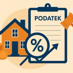 Dom, stos monet i dokument z napisem "PODATEK" oraz symbolem procentu i strzałką w górę. Podatek od sprzedaży nieruchomości.