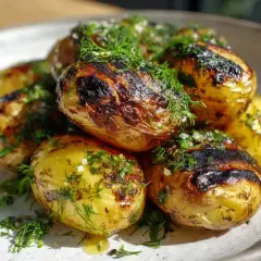 En hög med gyllene, grillade småpotatisar, toppade med färsk dill och en gnutta salt. Perfekt stekt potatis som ser otroligt god ut.