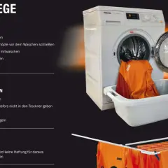 Waschanleitung: Textilien mit Drucken nicht in den Trockner geben. Orange Sportbekleidung trocknet auf einem Wäscheständer.