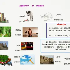 Immagine con aggettivi in inglese: big, small, pretty, noisy, old, new, dirty, clean, quiet, ugly, young. Molti sono descritti con immagini.