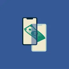 Dwa telefony komórkowe z zielonym banknotem. Czy PayPal jest bezpieczny? Płatności mobilne.