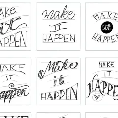 Seis ejemplos de **dibujos de lettering** con la frase "Make it happen" en diferentes estilos caligráficos.