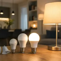 Różne żarówki LED na drewnianym stole. Zastanawiasz się, ile lumenów ma żarówka 75W?