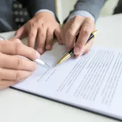 Dwie osoby podpisują dokument, trzymając długopisy.