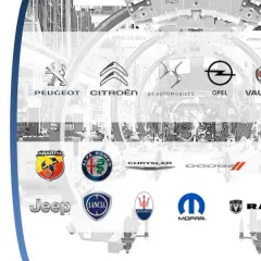Logotypy marek Stellantis: Peugeot, Citroën, DS, Opel, Vauxhall, Fiat, Alfa Romeo, Lancia, Chrysler, Dodge, Jeep, Maserati, Abarth, Ram, SRT, Mopar.