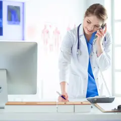 Medico al telefono, impegnato nella gestione appuntamenti, mentre scrive su un blocco note.