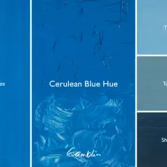 A swatch of cerulean blue paint, showing its glaze, hue, tint, tone, and shade.
