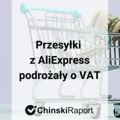 Wózek sklepowy z pieniędzmi w środku symbolizuje, że przesyłki z AliExpress podrożały o VAT.