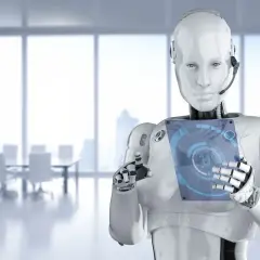 Robot z interfejsem dotykowym w nowoczesnym biurze. Czy sztuczna inteligencja to szansa czy zagrożenie dla przyszłości?