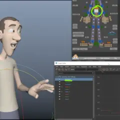 3D character animation with a spline curve in the graph editor, showing a character's surprised expression.