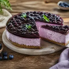 Ein köstlicher no bake blueberry cheesecake mit Blaubeer-Gelee und frischen Blaubeeren, garniert mit Minze.