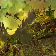 Potężny Nurgle, bóg zarazy, siedzi na tronie z kości i gnijącego ciała, otoczony przez hordy swoich wyznawców i latające stwory.