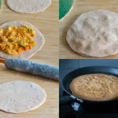 Fyra steg i tillagningen av aloo paratha: fyllning, hopvikning, kavling och stekning i panna.