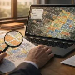 Analiza mapy i planu zagospodarowania na laptopie. Sprawdzanie gdzie sprawdzić warunki zabudowy.