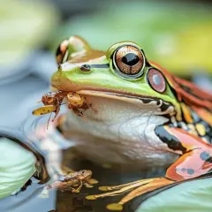 Une grenouille colorée attrape une proie dans sa bouche, illustrant comment arrive une grenouille dans un bassin.