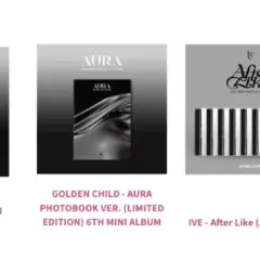 Collection de plusieurs albums de K-pop : KINO, Golden Child, IVE et The Boyz. Chaque music album présente un design unique.
