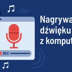 Ilustracja pokazuje interfejs programu do nagrywania dźwięku z komputerem. Ikona mikrofonu i przycisk REC sugerują, jak nagrywać na komputerze.