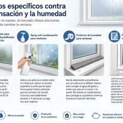 Soluciones para combatir el aire saturado: deshumidificador, spray anti condensación, protector de humedad y film aislante para ventanas.