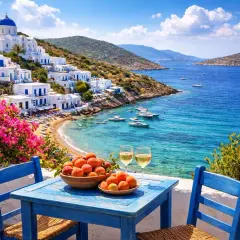 Un perfecto día de viaje a las islas griegas: mesa azul con fruta y vino, frente a un mar turquesa y casas blancas en la ladera.
