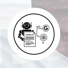 Grafika przedstawia robota trzymającego plik robots.txt, który wpływa na SEO i AI, w tym na Google.