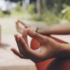 Manos en posición de meditación, con el pulgar e índice unidos, un mudra de energía.
