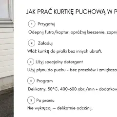Kobieta z flagą Norwegii pokazuje, jak prać kurtkę puchową w pralce. Instrukcja krok po kroku: przygotowanie, załadunek, detergent, program i pielęgnacja po praniu.