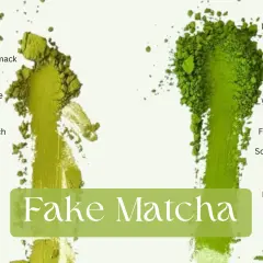 Vergleich von "Fake Matcha" (links, mattgrün, bitter) mit hochwertigem, zeremoniellen Matcha (rechts, leuchtend grün, mild, süßlich).