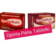 Dwa opakowania Liporedium, suplementu diety na odchudzanie. Na pierwszym planie różowy pasek z napisem "Opinia Pana Tabletki".