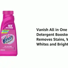 Różowa butelka Vanish Oxi Action z napisem "10X Oxi Power" i logo Amazon.