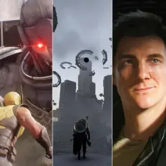 Kolekcja najlepszych gier akcji: wojownik w ogniu, Wolverine kontra robot, postać w surrealistycznym świecie, mężczyzna i kobieta w miejskim otoczeniu.